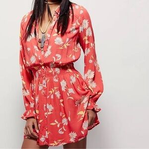 Free People Ruthie Floral Mini Dress Small Orange Long Sleeve Flirty Party